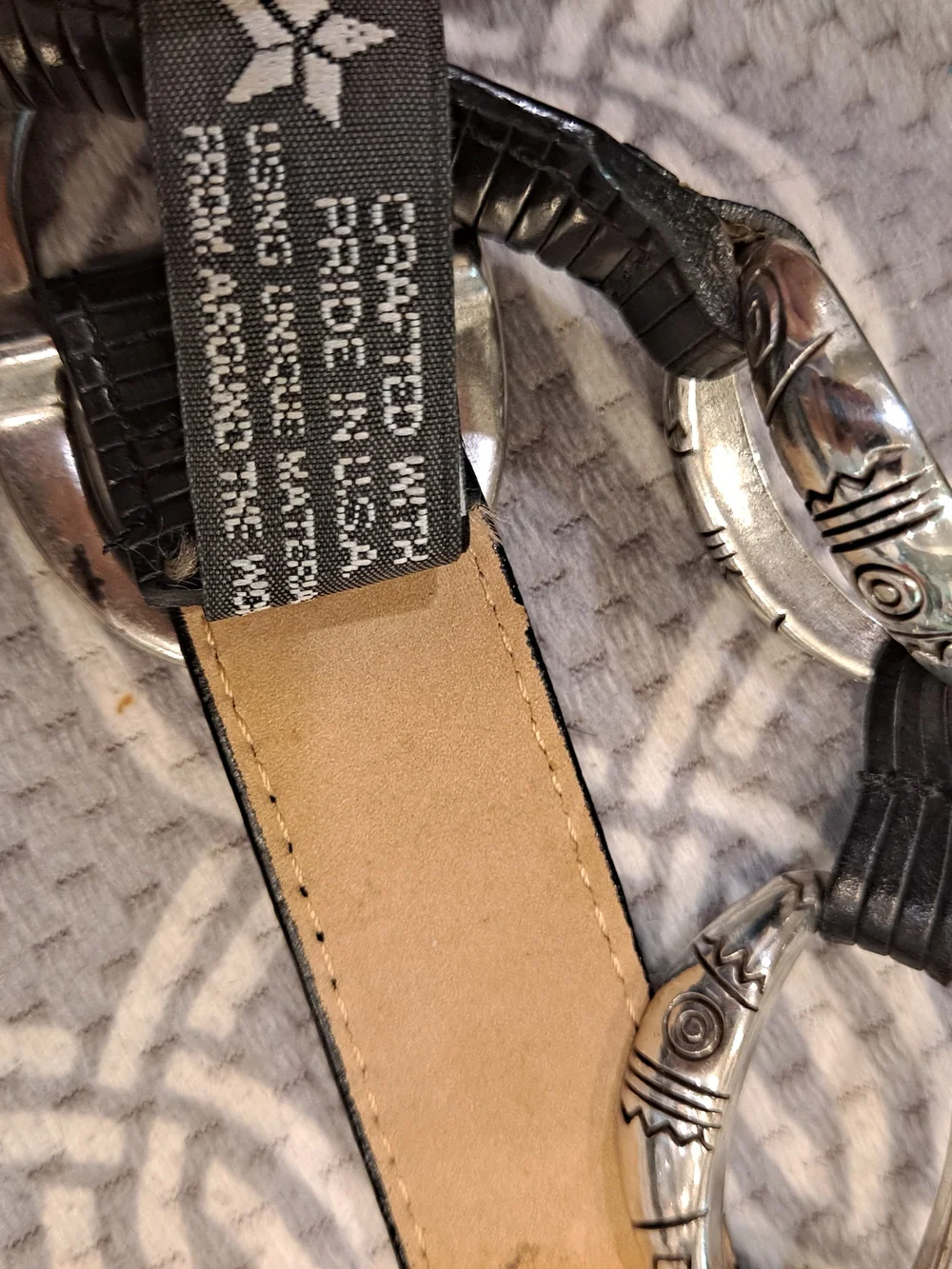 Brighton Black Textured Leather Belt Decorative Etched Silver Oval Link Buckles